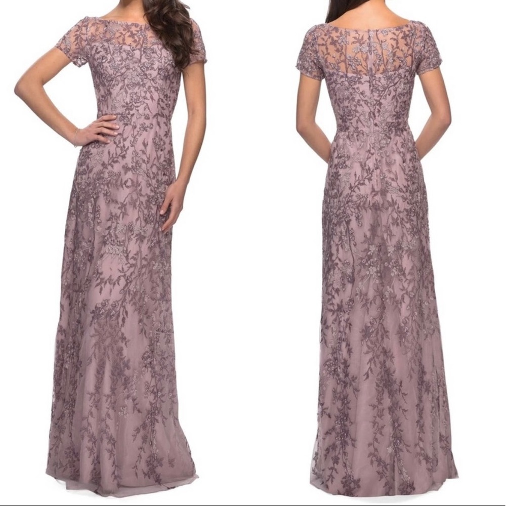 LA FEMME Lace Dusty Lilac Column Gown